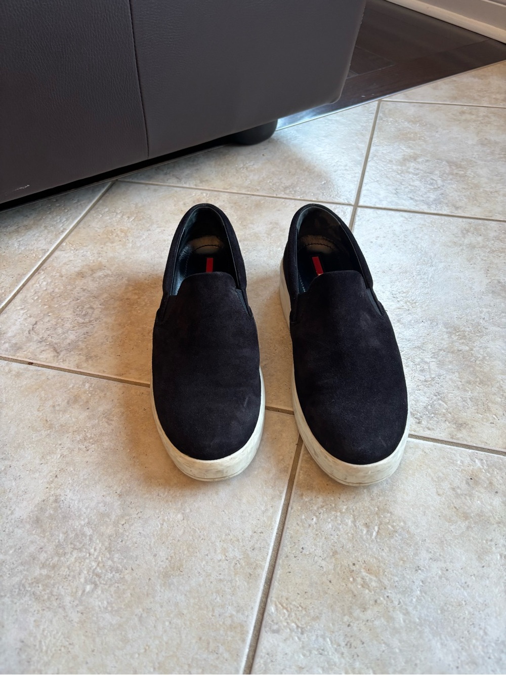 Prada Black Suede Slip-On Sneakers with White Soles Authentic